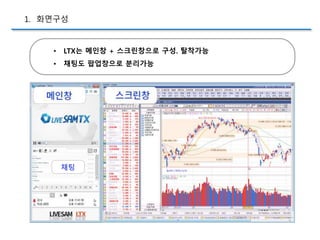 • LTX는 메인창 + 스크린창으로 구성. 탈착가능
• 채팅도 팝업창으로 분리가능
1. 화면구성
채팅
 