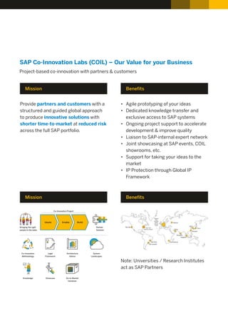 SAP Co-Innovation Labs (COIL) – Our Value for your Business
Provide with apartners and customers
structured and guided global approach
to produce withinnovative solutions
shorter time-to-market reduced riskat
across the full SAP portfolio.
• Agile prototyping of your ideas
• Dedicated knowledge transfer and
exclusive access to SAP systems
• Ongoing project support to accelerate
development & improve quality
• Liaison to SAP-internal expert network
• Joint showcasing at SAP events, COIL
showrooms, etc.
• Support for taking your ideas to the
market
• IP Protection through Global IP
Framework
Project-based co-innovation with partners & customers
Mission Beneﬁts
Mission Beneﬁts
Note: Universities / Research Institutes
act as SAP Partners
Bringing the right
people to the table
Partner
Solution
Co-Innovation Project
Ideate Enable Build
Co-Innovation
Methodology
Legal
Framework
Architecture
Advice
System
Landscapes
Knowledge Showcase Go-to-Market
Handover
 