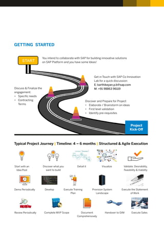 GETTING STARTED
START
Project
Kick-Oﬀ
You intend to collaborate with SAP for building innovative solutions
on SAP Platform and you have some Ideas!
Get in Touch with SAP Co-Innovation
Lab for a quick discussion:
E: karthikeyan.p.b@sap.com
M: +91 98863 96119
Discover and Prepare for Project
• Elaborate / Brainstorm on ideas
• First level validation
• Identify pre-requisites
Discuss & Finalize the
engagement:
• Speciﬁc needs
• Contracting
Terms
Typical Project Journey Timeline: 4 – 6 months Structured & Agile Execution| |
Start with an
Idea Pool
Discover what you
want to build
Detail it Visualize Validate: Desirability,
Feasibility & Viability
Demo Periodically Develop Execute Training
Plan
Provision System
Landscape
Execute the Statement
of Work
Review Periodically Complete MVP Scope Document
Comprehensively
Handover to GtM Execute Sales
 
