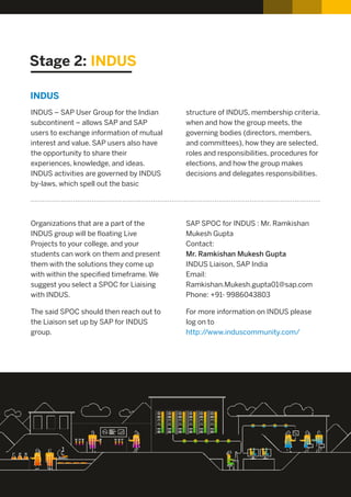 Stage 2: INDUS
INDUS – SAP User Group for the Indian
subcontinent – allows SAP and SAP
users to exchange information of mutual
interest and value. SAP users also have
the opportunity to share their
experiences, knowledge, and ideas.
INDUS activities are governed by INDUS
by-laws, which spell out the basic
structure of INDUS, membership criteria,
when and how the group meets, the
governing bodies (directors, members,
and committees), how they are selected,
roles and responsibilities, procedures for
elections, and how the group makes
decisions and delegates responsibilities.
INDUS
Organizations that are a part of the
INDUS group will be ﬂoating Live
Projects to your college, and your
students can work on them and present
them with the solutions they come up
with within the speciﬁed timeframe. We
suggest you select a SPOC for Liaising
with INDUS.
The said SPOC should then reach out to
the Liaison set up by SAP for INDUS
group.
SAP SPOC for INDUS : Mr. Ramkishan
Mukesh Gupta
Contact:
Mr. Ramkishan Mukesh Gupta
INDUS Liaison, SAP India
Email:
Ramkishan.Mukesh.gupta01@sap.com
Phone: +91- 9986043803
For more information on INDUS please
log on to
http://www.induscommunity.com/
 