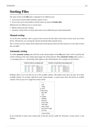 Sorting Files 114
Sorting Files
The order of items in the Files pane is important in two different cases:
1.
1. If you want to rename folders and their contents at once.
2. If you want to give serial number to the file names by using the Serialize Rule
ReNamer has two different ways to sort the items:
•
• Manual sorting (one-time sorting);
•
• Automatic sorting (items are always kept sorted, newly added items get sorted automatically).
Manual sorting
To sort the items manually, select a group of items and use the files table context menu to move items up or down
the list. Alternatively, you can drag the selection around the table using the mouse.
This is strictly one-time sorting. Newly added items will be placed at the end of the current list, in the order in which
they are added.
Automatic sorting
To enable automatic sorting mode, left-click on the column headers of the Files pane. Items will be sorted by that
column. Clicking on the same column again toggles the sorting direction. When automatic sorting mode is active, a
(ascending order) or (descending order) appears in the column-header. Two examples are shown below.
Sorted by Name in ascending order Sorted by Created Date in descending order
ReNamer allows you to sort files by any of the available columns. The default screen does not show all of these
available columns. To see them, right-click on the column headers. A context menu shows the full list of available
columns. Click on any row to toggle that column on/off.
If you would like to retains same sorting order on the next session, enable the "Remember sorting options" in the
Settings.
 