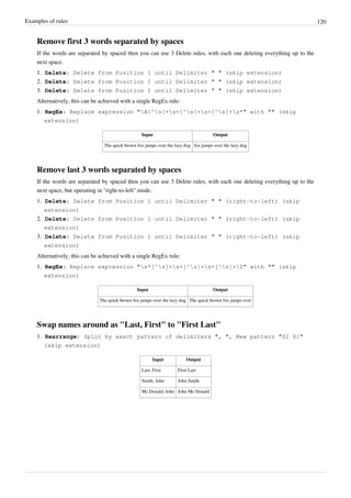 Examples of rules 120
Remove first 3 words separated by spaces
If the words are separated by spaced then you can use 3 Delete rules, with each one deleting everything up to the
next space.
1. Delete: Delete from Position 1 until Delimiter " " (skip extension)
2. Delete: Delete from Position 1 until Delimiter " " (skip extension)
3. Delete: Delete from Position 1 until Delimiter " " (skip extension)
Alternatively, this can be achieved with a single RegEx rule:
1. RegEx: Replace expression "A[^s]+s+[^s]+s+[^s]+s*" with "" (skip
extension)
Input Output
The quick brown fox jumps over the lazy dog fox jumps over the lazy dog
Remove last 3 words separated by spaces
If the words are separated by spaced then you can use 3 Delete rules, with each one deleting everything up to the
next space, but operating in "right-to-left" mode.
1. Delete: Delete from Position 1 until Delimiter " " (right-to-left) (skip
extension)
2. Delete: Delete from Position 1 until Delimiter " " (right-to-left) (skip
extension)
3. Delete: Delete from Position 1 until Delimiter " " (right-to-left) (skip
extension)
Alternatively, this can be achieved with a single RegEx rule:
1. RegEx: Replace expression "s*[^s]+s+[^s]+s+[^s]+Z" with "" (skip
extension)
Input Output
The quick brown fox jumps over the lazy dog The quick brown fox jumps over
Swap names around as "Last, First" to "First Last"
1. Rearrange: Split by exact pattern of delimiters ", ", New pattern "$2 $1"
(skip extension)
Input Output
Last, First First Last
Smith, John John Smith
Mc Donald, John John Mc Donald
 