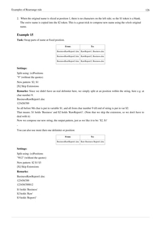 Examples of Rearrange rule 126
2. When the original name is sliced at position 1, there is no characters on the left side; so the $1 token is a blank.
The entire name is copied into the $2 token. This is a great trick to compose new name using the whole original
name.
Example 15
Task: Swap parts of name at fixed position.
From: To:
BusinessRawReport1.doc RawReport1, Business.doc
BusinessRawReport2.doc RawReport2, Business.doc
BusinessRawReport3.doc RawReport3, Business.doc
Settings:
Split using: (o)Positions
"9" (without the quotes)
New pattern: $2, $1
[X] Skip Extensions
Remarks: Since we didn't have an real delimiter here, we simply split at an position within the string, here e.g. at
char number 9:
BusinessRawReport1.doc
123456789
So all before 9th char is put in variable $1, and all from char number 9 till end of string is put in var $2.
That means: $1 holds 'Business' and $2 holds 'RawReport1'. (Note that we skip the extension, so we don't have to
deal with it)
Now we compose our new string, the output pattern, just as we like it to be: '$2, $1'
-
You can also use more then one delimiter or position:
From: To:
BusinessRawReport1.doc Raw Business Report1.doc
Settings:
Split using: (o)Positions
"9|12" (without the quotes)
New pattern: $2 $1 $3
[X] Skip Extensions
Remarks:
BusinessRawReport1.doc
123456789
123456789012
$1 holds 'Business'
$2 holds 'Raw'
$3 holds 'Report1'
 