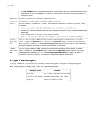 Case Rule 27
• The (none of the above) option is provided to disable the case conversions listed above it, so you could independently use the
options listed on the right side of the window. This allows you to convert the case of extension, or case-convert specific text
fragments (see below).
Skip extension If this check box is selected, the extension will be ignored by the rule.
Force case for
fragments
This option forces the case of specified text-fragments (strings) in the file name.
Note: This check box is coupled with the box below it. (Enter the fragments in the box and then activate the option by selecting
the check box.)
•
• You can set any case for the strings (ALLCAPS, Only first letter capitalized, lowercase, MixedCase, etc.)
• You can specify multiple strings at a time, each with its own case format. To separate the strings from each other, put a comma
between them.
(Note: In versions prior to v5.50, a space was used instead of a comma.)
• The case for these strings will be set exactly as entered in the box, regardless of the options selected in Case change list.
Extension
always upper
case
Forces the extension to uppercase. Note: This setting overrides any other setting that can alter the extension. For example,
consider a case where the all lowercase option is selected and the skip extension option is deselected. Logically, the extension
should be converted into lowercase too. But if the Extension always upper case option is selected, the case of the extension will
be converted to uppercase. This setting will override even the fragments case-conversion.
Extension
always lower
case
Forces the extension to lowercase. Note: This setting overrides any other setting that can alter the extension. For example,
consider a case where the ALL UPPER CASE option is selected and the skip extension option is deselected. Logically, the
extension should be converted into ALLCAPS. But if the Extension always lower case option is selected, the case of the
extension will be converted to lowercase. This setting will override even the fragments case-conversion.
Examples of Force case option
You may want to use a very specific case format for certain text fragments, irregardless of other case options.
Here are some typical examples where "Force case" option may be useful:
Desired case format Examples
ALLCAPS CD, DVD, TV, HTML, XML, C++, USA, GIMP
Only the First letter capitalized Java, India, English, Sunday, Easter, February
Mixed case OpenSUSE, OpenOffice, ReNamer
 