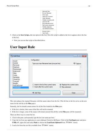 Pascal Script Rule 42
5. Click on the Save Script...(the last option in the list). Now this script is added to the list (it appears above the line
in the list).
•
• Now you can use that script as described above.
User Input Rule
This rule replaces the original filenames with the names taken from the list. (The nth line in the list serves as the new
name for the nth file in the Files pane.)
Naturally, the list should contain names for all the files loaded in the Files pane.
•
• If the list is shorter, then some of the files will not be renamed.
• If the list is longer, some of the names will remain unused (but all files in the Files pane will be renamed).
There are three ways to create the list:
1.
1. Click in the pane, and manually type the list (one name per line).
2. Copy the list from any application to your clipboard. Switch to ReNamer. Click in the UserInput pane and press
CTRL+V, right-click and select Paste or choose the Load from clipboard from menu).
3. Load a list from the text file (available from menu).
 