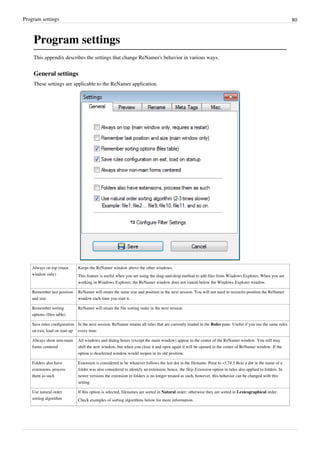 Program settings 80
Program settings
This appendix describes the settings that change ReNamer's behavior in various ways.
General settings
These settings are applicable to the ReNamer application.
Always on top (main
window only)
Keeps the ReNamer window above the other windows.
This feature is useful when you are using the drag-and-drop method to add files from Windows Explorer. When you are
working in Windows Explorer, the ReNamer window does not vanish below the Windows Explorer window.
Remember last position
and size
ReNamer will retain the same size and position in the next session. You will not need to resize/re-position the ReNamer
window each time you start it.
Remember sorting
options (files table)
ReNamer will retain the file sorting order in the next session.
Save rules configuration
on exit, load on start up
In the next session, ReNamer retains all rules that are currently loaded in the Rules pane. Useful if you use the same rules
every time.
Always show non-main
forms centered
All windows and dialog boxes (except the main window) appear in the center of the ReNamer window. You still may
shift the new window, but when you close it and open again it will be opened in the center of ReNamer window. If the
option is deselected window would reopen in its old position.
Folders also have
extensions, process
them as such
Extension is considered to be whatever follows the last dot in the filename. Prior to v5.74.5 Beta a dot in the name of a
folder was also considered to identify an extension, hence, the Skip Extension option in rules also applied to folders. In
newer versions the extension in folders is no longer treated as such, however, this behavior can be changed with this
setting.
Use natural order
sorting algorithm
If this option is selected, filenames are sorted in Natural order; otherwise they are sorted in Lexicographical order.
Check examples of sorting algorithms below for more information.
 