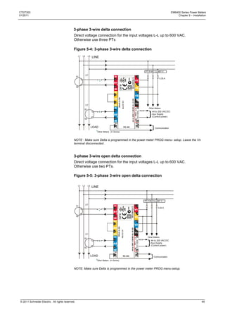 CTD7303                                                                                                                                                                                                                           EM6400 Series Power Meters
01/2011                                                                                                                                                                                                                                Chapter 5 – Installation




                                             3-phase 3-wire delta connection
                                              Direct voltage connection for the input voltages L-L up to 600 VAC.
                                              Otherwise use three PTs

                                              Figure 5-4: 3-phase 3-wire delta connection
                                                   L1   L2    L3
                                                                   LINE



                                                                                                                                                                                                        PT if VAC LL 601 V
                                                             CT
                                                  S1




                                                                                                                                                               80 to 600 Vac LL
                                                                                                                                                                                                                         0.25 A




                                                                                                                                                    N998
                                                                          *
                                                  S2




                                                                                                   50mA to 6A




                                                                                                                                                                     44 to 300 V 50/60 Hz <5 VA
                                                                                                                      S/N:COYWWDXXXX Acc CI: X.X
                                                             CT
                                                                                                                                                                                                           Other Meters
                                                         S1
                                                                                                                                                                                                              44 to 300 VAC/DC
                                                                          *                                                                                                                                   Aux Supply
                                                                                                                                                                                                              (Control power)
                                                         S2

                                                                                            D1                                                                                                    D0
                                                                   LOAD                                                                 RS 485
                                                                                                                                                                                                                 Communication
                                                                      *Other Meters   (In Series)



                                              NOTE : Make sure Delta is programmed in the power meter PROG menu- setup. Leave the Vn
                                              terminal disconnected.



                                              3-phase 3-wire open delta connection
                                              Direct voltage connection for the input voltages L-L up to 600 VAC.
                                              Otherwise use two PTs.

                                              Figure 5-5: 3-phase 3-wire open delta connection

                                                   L1   L2    L3
                                                                   LINE



                                                                                                                                                                                                       PT if VAC LL 601 V
                                                             CT
                                                  S1
                                                                                                                                                           80 to 600 Vac LL
                                                                                                                                                   N998




                                                                                                                                                                                                                    0.25 A
                                                                          *
                                                  S2
                                                                                                 50mA to 6A




                                                                                                                                                              44 to 300 V 50/60 Hz <5 VA
                                                                                                                S/N:COYWWDXXXX Acc CI: X.X




                                                             CT
                                                                                                                                                                                                          Other Meters
                                                         S1
                                                                                                                                                                                                             44 to 300 VAC/DC
                                                                          *                                                                                                                                  Aux Supply
                                                                                                                                                                                                             (Control power)
                                                         S2

                                                                                           D1                                                                                                     D0
                                                                   LOAD                                                           RS 485                                                                        Communication
                                                                      *Other Meters   (In Series)



                                              NOTE: Make sure Delta is programmed in the power meter PROG menu-setup.




© 2011 Schneider Electric. All rights reserved.                                                                                                                                                                                                            49
 