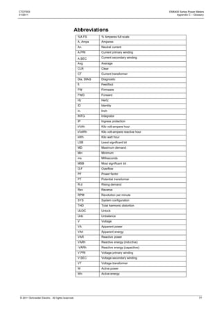 CTD7303                                                                                        EM6400 Series Power Meters
01/2011                                                                                             Appendix C – Glossary




                                              Abbreviations
                                                  %A FS       % Amperes full scale
                                                  A, Amps     Amperes
                                                  An          Neutral current
                                                  A.PRI       Current primary winding

                                                  A.SEC       Current secondary winding
                                                  Avg         Average
                                                  CLR         Clear
                                                  CT          Current transformer
                                                  Dia, DIAG   Diagnostic
                                                  ft          Feet/foot
                                                  FW          Firmware
                                                  FWD         Forward
                                                  Hz          Hertz
                                                  ID          Identity
                                                  in.         Inch
                                                  INTG        Integrator
                                                  IP          Ingress protection
                                                  kVAh        Kilo volt-ampere hour
                                                  kVARh       Kilo volt-ampere reactive hour
                                                  kWh         Kilo watt hour
                                                  LSB         Least significant bit
                                                  MD          Maximum demand
                                                  Min         Minimum
                                                  ms          Milliseconds
                                                  MSB         Most significant bit
                                                  O.F         Overflow
                                                  PF          Power factor
                                                  PT          Potential transformer
                                                  R.d         Rising demand
                                                  Rev         Reverse
                                                  RPM         Revolution per minute
                                                  SYS         System configuration
                                                  THD         Total harmonic distortion
                                                  ULOC        Unlock
                                                  Unb         Unbalance
                                                  V           Voltage
                                                  VA          Apparent power
                                                  VAh         Apparent energy
                                                  VAR         Reactive power
                                                  VARh        Reactive energy (inductive)
                                                  -VARh       Reactive energy (capacitive)
                                                  V.PRI       Voltage primary winding
                                                  V.SEC       Voltage secondary winding
                                                  VT          Voltage transformer
                                                  W           Active power
                                                  Wh          Active energy




© 2011 Schneider Electric. All rights reserved.                                                                      77
 