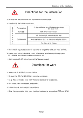 Directions for the installation
Directions for the installation
6page
* Be sure that the main earth and motor earth are connected.
* Install under the following condition.
10 d b l 40 d b
C
o
n
d
i
t
i
Temperature
10 degrees below zero, 40 degrees above zero
(No ice or frost)
Humidity 90% RH and less(No dew)
Envirionment
No corrosive gas, flammable gas, dust
A place where no shock or shaking is delivered directly.
* Don't install any phase advanced capacitor or surge filter on R.S.T input terminal.
* Please don't touch the inverter board The inverter includes high-voltage parts
No direct ray of the sun
o
n
p g y
* Please don't touch the inverter board. The inverter includes high-voltage parts,
so it may be very dangerous when the lamp is on.
* Don't connect R.S.T power input to U.V.W power output.
Directions for work
* Wire correctly according to the drawing.
* Be sure that R.S.T and U.V.W are correctly connected.
* Keep the power cable away from the signal cable as far as possible* Keep the power cable away from the signal cable as far as possible.
* Use shield cable for encoder, and earth it.
* Power must be grounded to control board.
* Keep the power cable away from the signal cable as far as possible.(RST and UVW)
6page
 