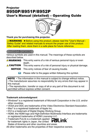 Projector

8950P/8951P/8952P

User's Manual (detailed) – Operating Guide

Thank you for purchasing this projector.
WARNING ►Before using this product, please read the "User's Manual Safety Guide" and related manuals to ensure the proper use of this product.
After reading them, store them in a safe place for future reference.

About this manual
Various symbols are used in this manual. The meanings of these symbols are
described below.
WARNING This entry warns of a risk of serious personal injury or even
death.
CAUTION This entry warns of a risk of personal injury or physical damage.
NOTICE

This entry notices of fear of causing trouble.
Please refer to the pages written following this symbol.

NOTE • The information in this manual is subject to change without notice.
• The manufacturer assumes no responsibility for any errors that may appear in
this manual.
• The reproduction, transfer or copy of all or any part of this document is not
permitted without express written consent.

Trademark acknowledgment
• Windows® is a registered trademark of Microsoft Corporation in the U.S. and/or
other countries.
• VESA and DDC are trademarks of the Video Electronics Standard Association.
• Mac® is a registered trademark of Apple Inc.
• DVI is a trademark of Digital Display Working Group.
• HDMI, the HDMI logo and High-Deﬁnition Multimedia Interface are trademarks
or registered trademarks of HDMI Licensing LLC.
• Trademark PJLink is a trademark applied
for trademark rights in Japan, the United
States of America and other countries and areas.
All other trademarks are the properties of their respective owners.
1

 