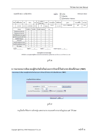 TB Data Hub User Manual




                                                   รูปที่ 26


2. รายงานรอบ 3 เดือน ของผูปวยวัณโรคใหม และการรักษาซ้ําในชวง 0-3 เดือนที่ผานมา (TB07)
                                                                             




                                                   รูปที่ 27

         ระบุเงื่อนไข ที่ตองการ แลวกดปุม แสดงรายงาน ระบบจะสรางรายงานในรูปแบบ pdf ให User




Copyright @2010 by IPAK Professional IT Co.,Ltd.                                                หนาที่ 16
 