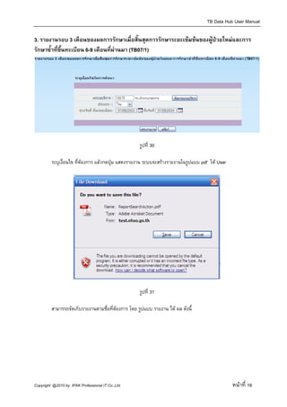 TB Data Hub User Manual

3. รายงานรอบ 3 เดือนของผลการรักษาเมื่อสิ้นสุดการรักษาระยะเขมขนของผูปวยใหมและการ
รักษาซ้ําที่ขึ้นทะเบียน 6-9 เดือนที่ผานมา (TB07/1)




                                                   รูปที่ 30

         ระบุเงื่อนไข ที่ตองการ แลวกดปุม แสดงรายงาน ระบบจะสรางรายงานในรูปแบบ pdf ให User




                                                   รูปที่ 31

         สามารรถจัดเก็บรายงานตามชื่อที่ตองการ โดย รูปแบบ รายงาน ได ผล ดังนี้
                                        




Copyright @2010 by IPAK Professional IT Co.,Ltd.                                                หนาที่ 18
 