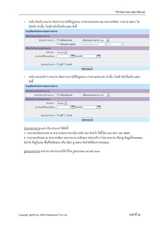 TB Data Hub User Manual

    -    ระดับ จังหวัด สามารถ คนหารายงานไดในรูปแบบ ภาพรวมประเทศ และ สามารถคนหา รายงาน เฉพาะ ใน
         จังหวัด เทานั้น โดยมี หนาเงื่อนไข แสดง ดังนี้




    -    ระดับ หนวยบริการ สามารถ คนหารายงานไดในรูปแบบ ภาพรวมประเทศ เทานั้น โดยมี หนาเงื่อนไข แสดง
         ดังนี้




    ประเภทรายงาน แบง เปน ประเภท ไดดังนี้
    1. รายงานระดับประเทศ จะ สามารถออกรายงานใน ระดับ ของ จังหวัด ไดทั้งใน แบบ สคร. และ สปสช.
    2. รายงานระดับเขต จะ สามารถเลือก ออกรายงาน ระดับของ หนวยบริการ โดย สามารถ เลือกดู ขอมูลทั้งหมดของ
    จังหวัด ที่อยูในเขต พื้นที่รับผิดชอบ หรือ เลือก ดู เฉพาะ จังหวัดที่ตองการตรจสอบ

    รูปแบบรายงาน สามารถ ออกรายงานได ทั้งใน รูปแบบของ pdf และ Excel




Copyright @2010 by IPAK Professional IT Co.,Ltd.                                             หนาที่ 24
 