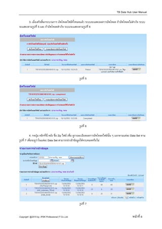 TB Data Hub User Manual

       3. เมื่อเสร็จสิ้นกระบวนการ อัพโหลดไฟลท้ังหมดแลว ระบบจะแสดงผลการอัพโหลด ถาอัพโหลดไมสําเร็จ ระบบ
จะแสดงตามรูปที่ 5 และ ถาอัพโหลดสําเร็จ ระบบจะแสดงตามรูปที่ 6




                                                       รูปที่ 5




                                                       รูปที่ 6

           4. กดปุม คลิกที่นี่ หลัง ชื่อ Zip ไฟล เพื่อ ดูรายละเอียดผลการอัพโหลดไฟลนั้น ๆ แยกตามแตละ Data Set ตาม
รูปที่ 7 เพื่อจะดูวาในแตละ Data Set สามารถนําเขาขอมูลไดครบหมดหรือไม




                                                       รูปที่ 7


Copyright @2010 by IPAK Professional IT Co.,Ltd.                                                        หนาที่ 6
 