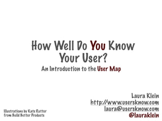 How Well Do You Know
Your User?
An Introduction to the User Map
Laura Klein
http://www.usersknow.com
laura@usersknow.com
@lauraklein
Illustrations by Kate Rutter
from Build Better Products
 