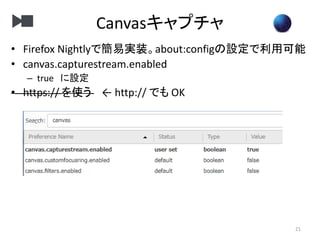 Canvasキャプチャ
21
• Firefox Nightlyで簡易実装。about:configの設定で利用可能
• canvas.capturestream.enabled
– true に設定
• https:// を使う ← http:// でも OK
 
