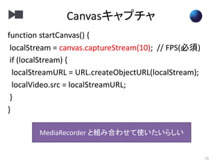 Canvasキャプチャ
23
function startCanvas() {
localStream = canvas.captureStream(10); // FPS(必須)
if (localStream) {
localStreamURL = URL.createObjectURL(localStream);
localVideo.src = localStreamURL;
}
}
MediaRecorder と組み合わせて使いたいらしい
 