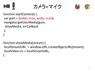カメラ+マイク
8
function startCamera() {
var gum = {video: true, audio: true};
navigator.getUserMedia(gum,
showMedia, errCallback
);
}
function showMedia(stream) {
localStreamURL = window.URL.createObjectURL(stream);
localVideo.src = localStreamURL;
}
 
