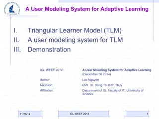 A User Modeling System for Adaptive Learning 
I. Triangular Learner Model (TLM) 
II. A user modeling system for TLM 
III. Demonstration 
ICL WEEF 2014 : A User Modeling System for Adaptive Learning 
(December 06 2014) 
Author: Loc Nguyen 
Sponsor: Prof. Dr. Dong Thi Bich Thuy 
Affiliation: Department of IS, Faculty of IT, University of 
Science 
ICL WEEF 2014 1 
11/28/14 
 