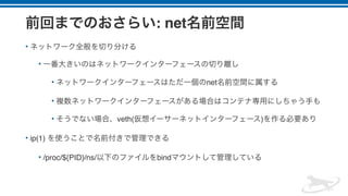 : net
•
•
• net
•
• veth( )
• ip(1)
• /proc/${PID}/ns/ bind
 