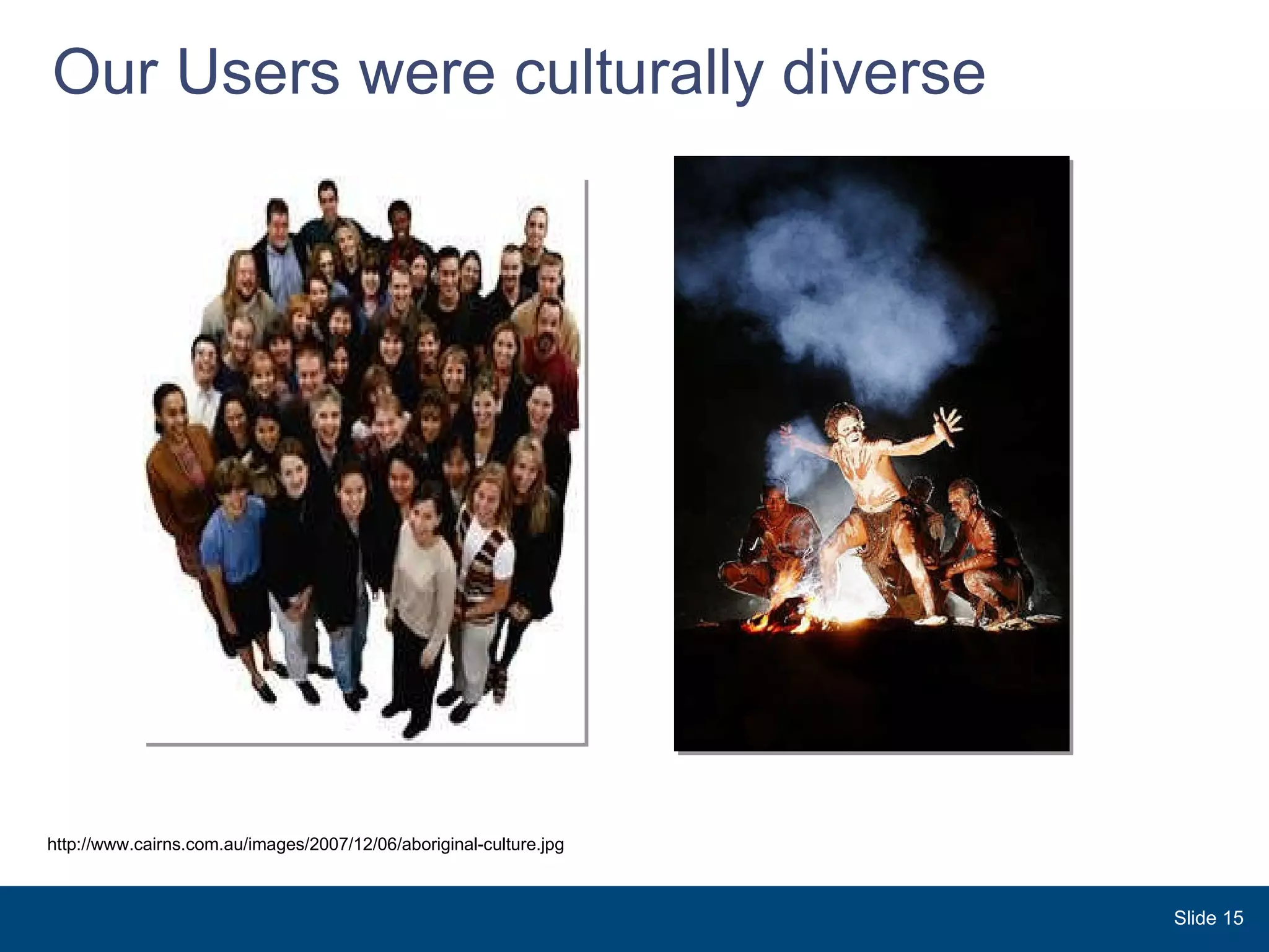 Our Users were culturally diverse Slide  http://www.cairns.com.au/images/2007/12/06/aboriginal-culture.jpg 