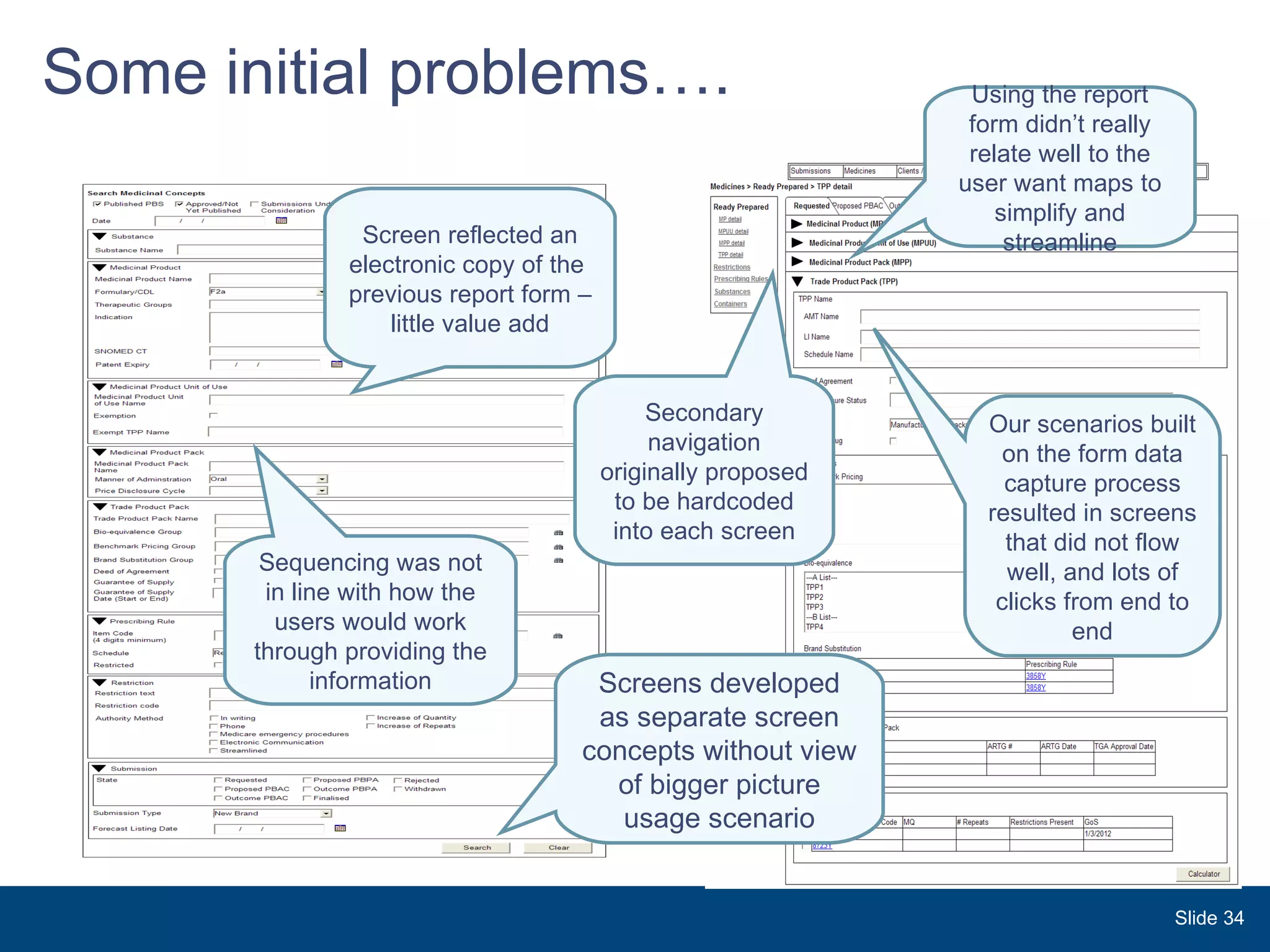 Some initial problems…. Using the report form didn’t really relate well to the user want maps to simplify and streamline Our scenarios built on the form data capture process resulted in screens that did not flow well, and lots of clicks from end to end Secondary navigation originally proposed to be hardcoded into each screen Screen reflected an electronic copy of the  previous report form – little value add Sequencing was not in line with how the users would work through providing the information Screens developed as separate screen concepts without view of bigger picture usage scenario Slide  