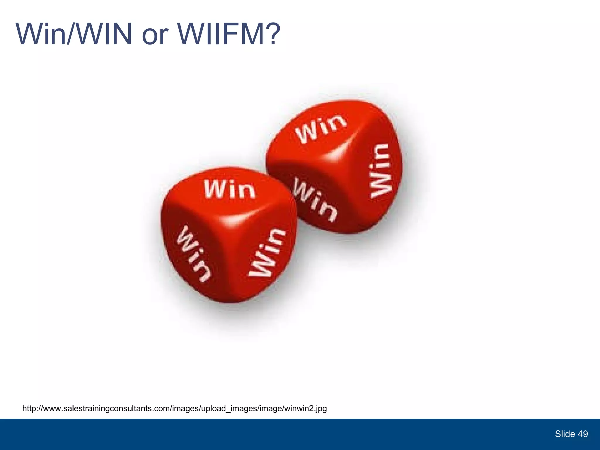 Win/WIN or WIIFM? Slide  http://www.salestrainingconsultants.com/images/upload_images/image/winwin2.jpg 