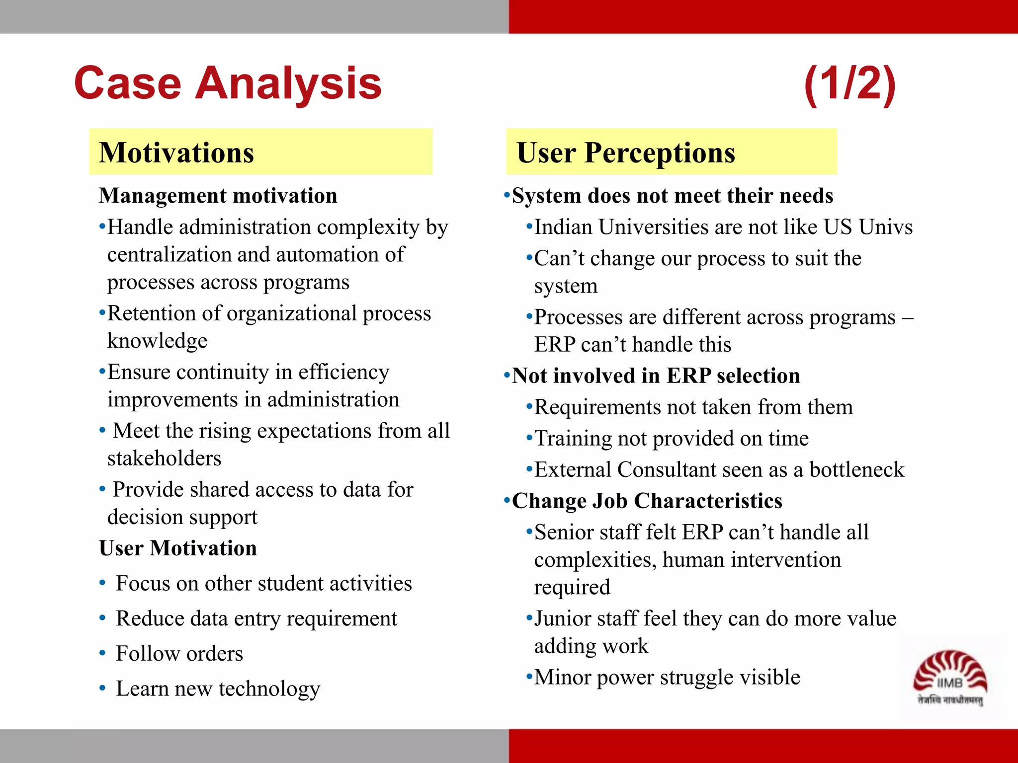 Case Analysis                                                              (1/2)
 Motivations                                User Perceptions
 Management motivation                     •System does not meet their needs
 •Handle administration complexity by        •Indian Universities are not like US Univs
  centralization and automation of           •Can’t change our process to suit the
  processes across programs                   system
 •Retention of organizational process        •Processes are different across programs –
  knowledge                                   ERP can’t handle this
 •Ensure continuity in efficiency          •Not involved in ERP selection
  improvements in administration             •Requirements not taken from them
 • Meet the rising expectations from all     •Training not provided on time
  stakeholders                               •External Consultant seen as a bottleneck
 • Provide shared access to data for       •Change Job Characteristics
  decision support
                                             •Senior staff felt ERP can’t handle all
 User Motivation
                                              complexities, human intervention
 • Focus on other student activities          required
 • Reduce data entry requirement             •Junior staff feel they can do more value
 • Follow orders                              adding work
                                             •Minor power struggle visible
 • Learn new technology
 