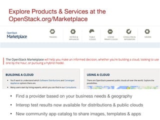 Explore Products & Services at the
OpenStack.org/Marketplace
• Find a provider based on your business needs & geography
• Interop test results now available for distributions & public clouds
• New community app catalog to share images, templates & apps
 
