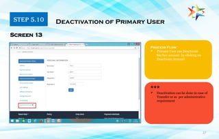 27
STEP 5.10 Deactivation of Primary User
***
Screen 13
Process Flow
 Primary User can Deactivate
his/her account by clicking on
Deactivate Account
 Deactivation can be done in case of
Transfer or as per administrative
requirement
 