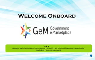 29
Welcome Onboard
The Buyer and other Secondary Users can now Login with User Id created by Primary User and make
Hassle Free Procurements on GeM
***
 