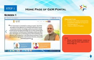 4
Process Flow
 Primary User (Duly nominated by
Competent Authority to Log on to
www.gem.gov.in
 Click on SIGN UP button
Home Page of GeM Portal
Screen 1
***
 Please surf the Website content on
Home Page for better appreciation
before Sign Up
STEP 1
 