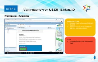 8
Process Flow
 Primary User to Log onto Official E
Mail ID
 Primary user to click on VERIFY
EMAIL link and Confirm
Verification of USER - E Mail ID
External Screen
***
STEP 3
 Congratulations –You are onboard
GeM
 