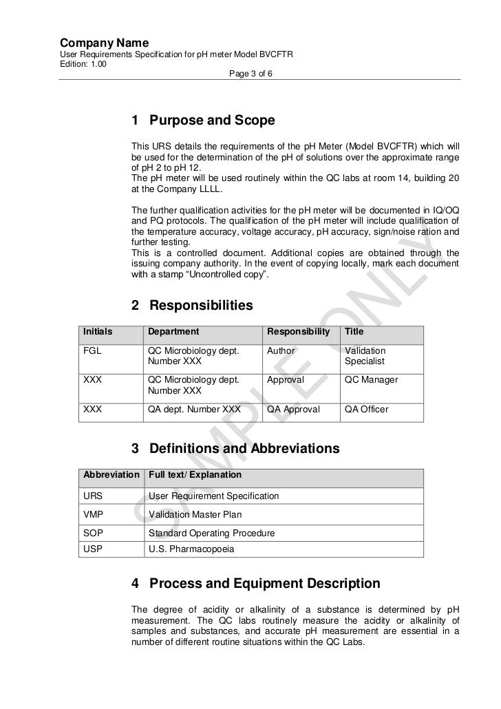 User Requirement For P H Meter.Sample Copy Only.