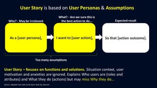 User Story is based on User Personas & Assumptions
User Story – focuses on functions and solutions. Situation context, user
motivation and anxieties are ignored. ​Explains Who users are (roles and
atributes) and What they do (actions) but may miss Why they do...
As a [user persona], I want to [user action], So that [action outcome].
Too many assumptions
Who? - May be irrelevant
What? - Are we sure this is
the best action to do... Expected result
Source: Adapted from Jobs-to-be-done book by Intercom
 