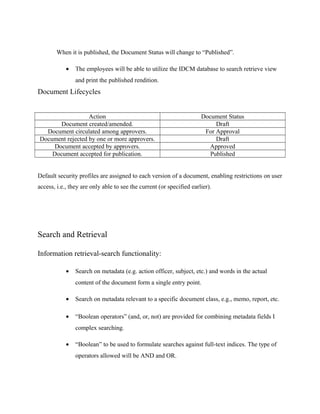 When it is published, the Document Status will change to “Published”.

            •   The employees will be able to utilize the IDCM database to search retrieve view
                and print the published rendition.
Document Lifecycles


                  Action                                              Document Status
       Document created/amended.                                           Draft
  Document circulated among approvers.                                 For Approval
Document rejected by one or more approvers.                                Draft
     Document accepted by approvers.                                    Approved
    Document accepted for publication.                                   Published


Default security profiles are assigned to each version of a document, enabling restrictions on user
access, i.e., they are only able to see the current (or specified earlier).




Search and Retrieval

Information retrieval-search functionality:

            •   Search on metadata (e.g. action officer, subject, etc.) and words in the actual
                content of the document form a single entry point.

            •   Search on metadata relevant to a specific document class, e.g., memo, report, etc.

            •   “Boolean operators” (and, or, not) are provided for combining metadata fields I
                complex searching.

            •   “Boolean” to be used to formulate searches against full-text indices. The type of
                operators allowed will be AND and OR.
 