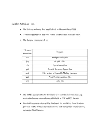 Desktop Authoring Tools

        •   The Desktop Authoring Tool specified will be Microsoft Word 2003.

        •   Formats supported will be Native Format and Standard Rendition Format.

        •   The filename extensions will be:




            Filename
                                                         Contents
            Extensions

               .doc                               Word processing files

               .jpg                                   Graphics files

               .xls                                 Spread sheet files

               .pdf                          Portable document format files

               .xml                  Files written in Extensible Markup Language

               .ppt                            PowerPoint presentation files

               .avi                                     Video files




        •   The HFMD requirement is for documents to be stored in their native desktop
            application formats with renditions publishable to PDF and JPG formats.

        •   Certain filename extensions will be disallowed, i.e. .mp3 files. Override of this
            provision will be at the discretion of someone with management level clearance,
            such as the Plant Manager.
 