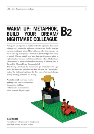 31
Warm up: metaphor,
build your dream/
nightmare colleague
Participants are requested to build a model that represents their dream
colleague in 5 minutes (or nightmare, the facilitator decides only one
and same challenge is given). More bricks and other Lego parts are put
on the table (e.g. minifigures). From now on, bricks and parts are added
as needed. After the models have been done, participants are asked to
explain in about 1 minute each their model to the others. The facilitator
asks questions to better understand the meanings of different parts of
the models. The models are then demolished.
After having introduced the method and got familiarity with Lego
bricks, the facilitator underlines the fact that now the “serious play”
begins. The facilitator highlights the three steps of the methodology,
namely: building, metaphor and sharing.
People involved: individual exercise
Timing: some time for explanations,
5 minutes for building,
10-15 minutes for explanations
(about 1 minute for participant)
URL - User Requirements with Lego
B2
CLOSE MINDED
“my nightmare colleague stays in his office and
never looks outside. His mind is closed.”
 