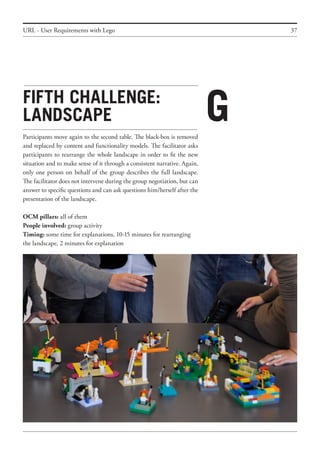 37
Fifth challenge:
landscape
Participants move again to the second table. The black-box is removed
and replaced by content and functionality models. The facilitator asks
participants to rearrange the whole landscape in order to fit the new
situation and to make sense of it through a consistent narrative. Again,
only one person on behalf of the group describes the full landscape.
The facilitator does not intervene during the group negotiation, but can
answer to specific questions and can ask questions him/herself after the
presentation of the landscape.
OCM pillars: all of them
People involved: group activity
Timing: some time for explanations, 10-15 minutes for rearranging
the landscape, 2 minutes for explanation
URL - User Requirements with Lego
G
 