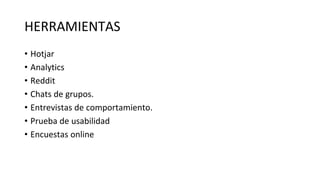 HERRAMIENTAS
• Hotjar
• Analytics
• Reddit
• Chats de grupos.
• Entrevistas de comportamiento.
• Prueba de usabilidad
• Encuestas online
 