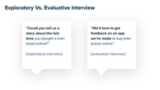 “We’d love to get
feedback on an app
we’ve made to buy train
tickets online.”
[evaluative interview]
“Could you tell us a
story about the last
time you bought a train
ticket online?”
[exploratory interview]
Exploratory Vs. Evaluative Interview
 