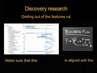 Discovery research
         Getting out of the features rut




Make sure that this                 Is aligned with this
 