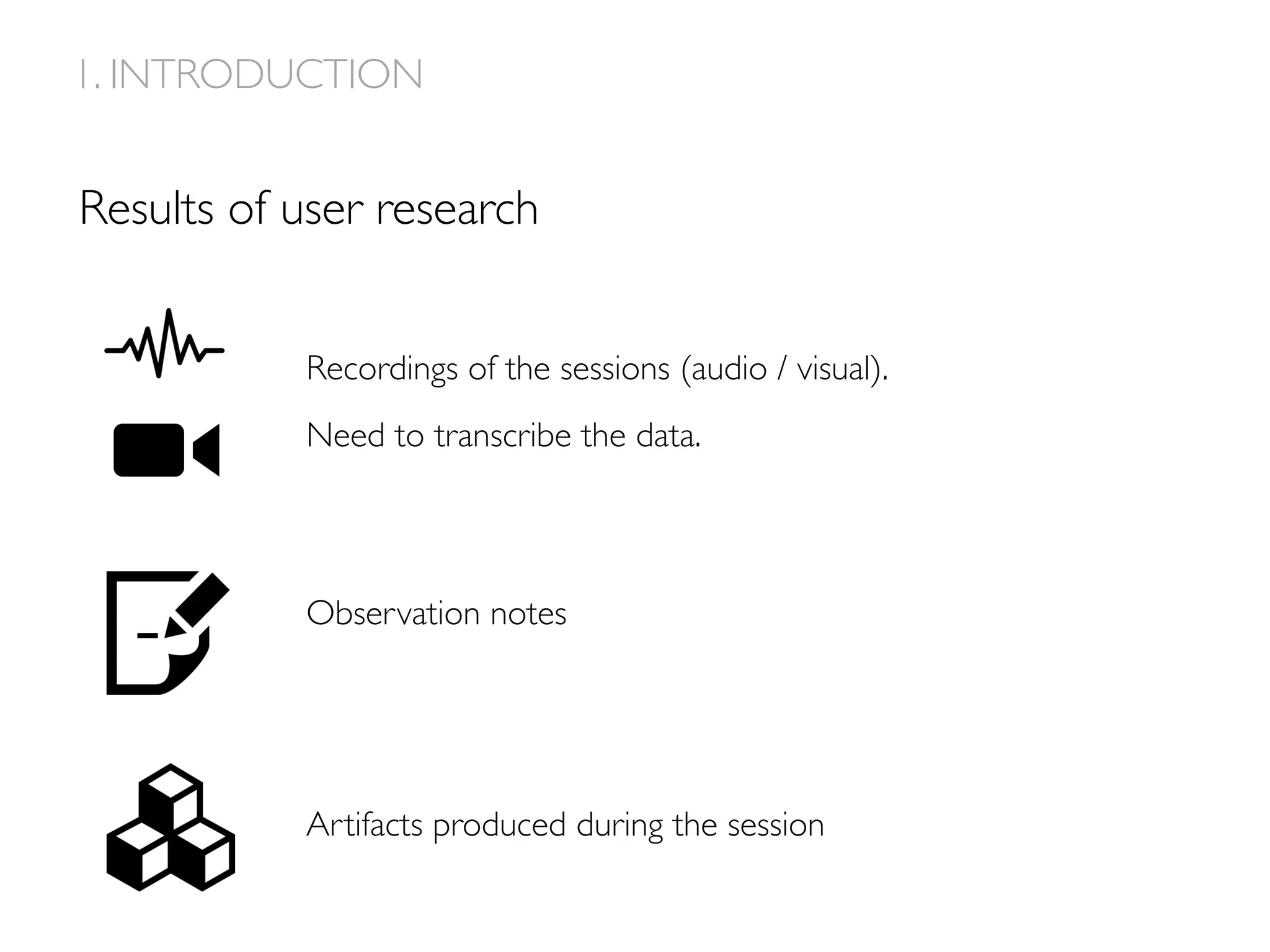 Results of user research
1. INTRODUCTION
Recordings of the sessions (audio / visual).
Need to transcribe the data.
Observation notes
Artifacts produced during the session
 