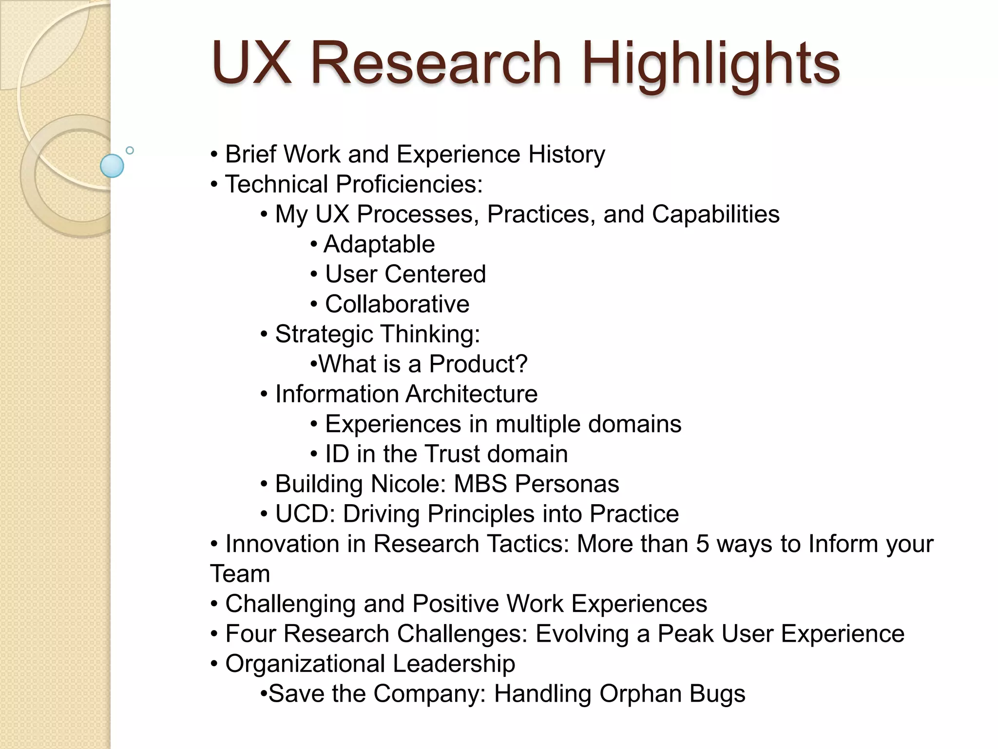 UX Research Highlights Brief Work and Experience History