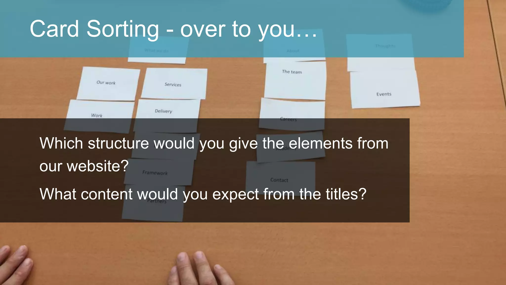 Card Sorting - over to you…
Which structure would you give the elements from
our website?
What content would you expect from the titles?
 