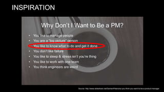 INSPIRATION
Source: http://www.slideshare.net/DamienPeters/so-you-think-you-want-to-be-a-product-manager
 
