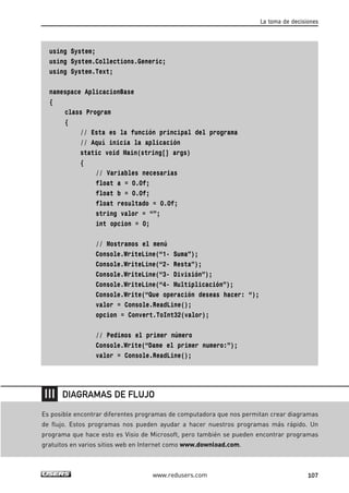 using System;
using System.Collections.Generic;
using System.Text;
namespace AplicacionBase
{
class Program
{
// Esta es la función principal del programa
// Aquí inicia la aplicación
static void Main(string[] args)
{
// Variables necesarias
float a = 0.0f;
float b = 0.0f;
float resultado = 0.0f;
string valor = “”;
int opcion = 0;
// Mostramos el menú
Console.WriteLine(“1- Suma”);
Console.WriteLine(“2- Resta”);
Console.WriteLine(“3- División”);
Console.WriteLine(“4- Multiplicación”);
Console.Write(“Que operación deseas hacer: “);
valor = Console.ReadLine();
opcion = Convert.ToInt32(valor);
// Pedimos el primer número
Console.Write(“Dame el primer numero:”);
valor = Console.ReadLine();
La toma de decisiones
107www.redusers.com
Es posible encontrar diferentes programas de computadora que nos permitan crear diagramas
de flujo. Estos programas nos pueden ayudar a hacer nuestros programas más rápido. Un
programa que hace esto es Visio de Microsoft, pero también se pueden encontrar programas
gratuitos en varios sitios web en Internet como www.download.com.
DIAGRAMAS DE FLUJO
03_C#2010_AJUSTADO.qxd 8/6/10 8:32 PM Page 107
 