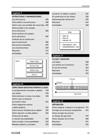 Contenido
11www.redusers.com
Capítulo 9
ESTRUCTURAS Y ENUMERACIONES
Las estructuras 280
Cómo definir una estructura 280
Cómo crear una variable del nuevo tipo 282
Cómo acceder a los campos
de la estructura 283
Cómo mostrar los campos
de la estructura 283
Creación de un constructor
para la estructura 286
Estructuras enlazadas 299
Las enumeraciones 309
Resumen 315
Actividades 316
Capítulo 10
CÓMO CREAR NUESTRAS PROPIAS CLASES
La programación orientada a objetos 318
Las clases 318
Cómo declarar la clase y los datos 320
Cómo crear la instancia
de nuestra clase 324
Cómo asignarles valores
a datos publicos 324
Cómo invocar métodos de un objeto 325
Cómo imprimir un dato público 325
Protección de datos
y creación de propiedades 329
Cómo acceder a las propiedades 333
Métodos públicos y privados 333
Agenda Nombre: String
Dirección: String
Teléfono: String
Edad: Int
Convertir un objeto a cadena 334
El constructor en las clases 336
Sobrecarga del constructor 339
Resumen 347
Actividades 348
Capítulo 11
FLUJOS Y ARCHIVOS
Los flujos 350
Los stream en la memoria 351
El uso de archivos 363
Resumen 371
Actividades 372
Capítulo 12
DEPURACIÓN
Cómo empezar a depurar un programa 374
Corregir los errores de compilación 374
Cómo corregir los errores
en tiempo de ejecución 379
Cómo manejar los errores 383
Resumen 391
Actividades 392
Tamaño
Capacidad
P. Actual
H O L A A T O D O
Cubo
+ lado: int
+ área: int
+ volumen: int
+ CalculaArea() : void
+ CalculaVolumen() : void
00_C#2010.qxd 8/6/10 8:14 PM Page 11
 