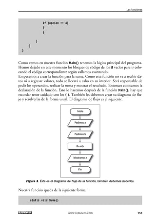 if (opcion == 4)
{
}
}
}
}
Como vemos en nuestra función Main() tenemos la lógica principal del programa.
Hemos dejado en este momento los bloques de código de los if vacíos para ir colo-
cando el código correspondiente según vallamos avanzando.
Empecemos a crear la función para la suma. Como esta función no va a recibir da-
tos ni a regresar valores, todo se llevará a cabo en su interior. Será responsable de
pedir los operandos, realizar la suma y mostrar el resultado. Entonces colocamos la
declaración de la función. Esto lo hacemos después de la función Main(), hay que
recordar tener cuidado con los { }. También les debemos crear su diagrama de flu-
jo y resolverlas de la forma usual. El diagrama de flujo es el siguiente.
Figura 3. Éste es el diagrama de flujo de la función, también debemos hacerlos.
Nuestra función queda de la siguiente forma:
static void Suma()
R=a+b
Pedimos b
Mostramos r
Pedimos a
Inicio
Fin
Las funciones
153www.redusers.com
05_C#2010_AJUSTADO.qxd 8/6/10 8:33 PM Page 153
 