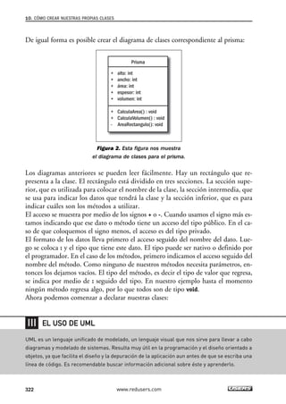 De igual forma es posible crear el diagrama de clases correspondiente al prisma:
Figura 2. Esta figura nos muestra
el diagrama de clases para el prisma.
Los diagramas anteriores se pueden leer fácilmente. Hay un rectángulo que re-
presenta a la clase. El rectángulo está dividido en tres secciones. La sección supe-
rior, que es utilizada para colocar el nombre de la clase, la sección intermedia, que
se usa para indicar los datos que tendrá la clase y la sección inferior, que es para
indicar cuáles son los métodos a utilizar.
El acceso se muestra por medio de los signos + o -. Cuando usamos el signo más es-
tamos indicando que ese dato o método tiene un acceso del tipo público. En el ca-
so de que coloquemos el signo menos, el acceso es del tipo privado.
El formato de los datos lleva primero el acceso seguido del nombre del dato. Lue-
go se coloca : y el tipo que tiene este dato. El tipo puede ser nativo o definido por
el programador. En el caso de los métodos, primero indicamos el acceso seguido del
nombre del método. Como ninguno de nuestros métodos necesita parámetros, en-
tonces los dejamos vacíos. El tipo del método, es decir el tipo de valor que regresa,
se indica por medio de : seguido del tipo. En nuestro ejemplo hasta el momento
ningún método regresa algo, por lo que todos son de tipo void.
Ahora podemos comenzar a declarar nuestras clases:
Prisma
+ alto: int
+ ancho: int
+ área: int
+ espesor: int
+ volumen: int
+ CalculaArea() : void
+ CalculaVolumen() : void
- AreaRectangulo(): void
10. CÓMO CREAR NUESTRAS PROPIAS CLASES
322 www.redusers.com
UML es un lenguaje unificado de modelado, un lenguaje visual que nos sirve para llevar a cabo
diagramas y modelado de sistemas. Resulta muy útil en la programación y el diseño orientado a
objetos, ya que facilita el diseño y la depuración de la aplicación aun antes de que se escriba una
línea de código. Es recomendable buscar información adicional sobre éste y aprenderlo.
EL USO DE UML
10_C#2010_AJUSTADO.qxd 8/6/10 8:38 PM Page 322
 